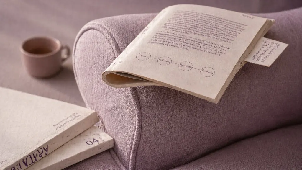 Offenes Heft mit skizzierter Content-Flow-Grafik auf lilafarbener Couch neben Tasse