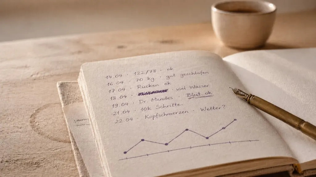 Notizbuch mit Gesundheitswerten und handgezeichneter Verlaufskurve neben Stift und Tasse