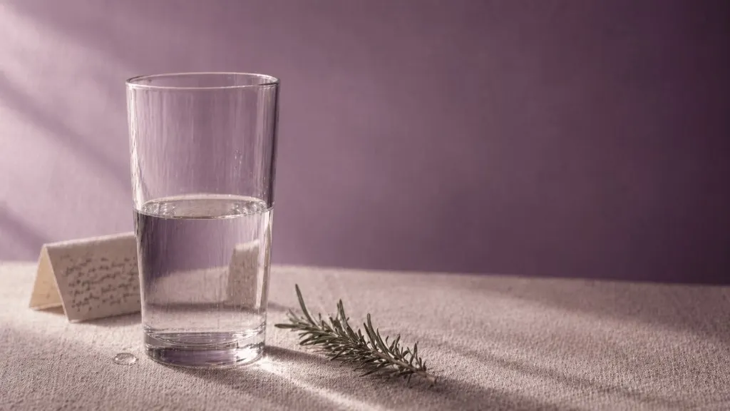Glas Wasser und Rosmarinzweig auf lilafarbenem Hintergrund als ruhiges Gesundheitsmotiv